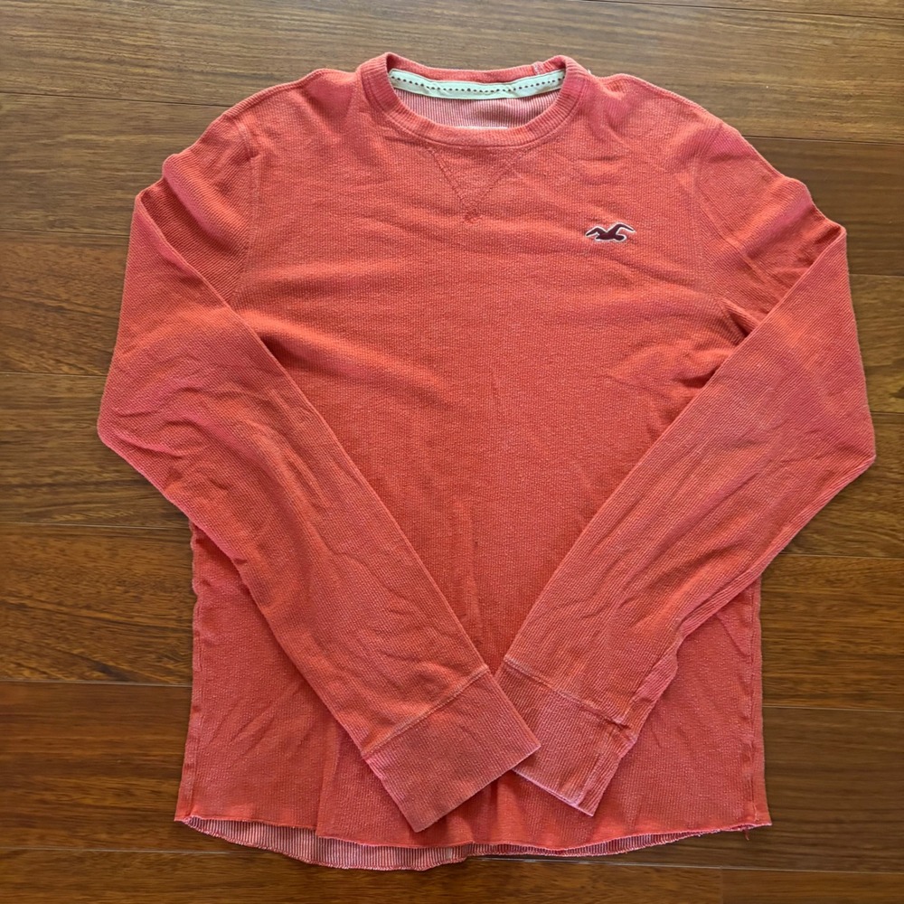 Hollister Long Sleeve Thermal Waffle Knit Shirt Salmon Orange Embroidered Logo L